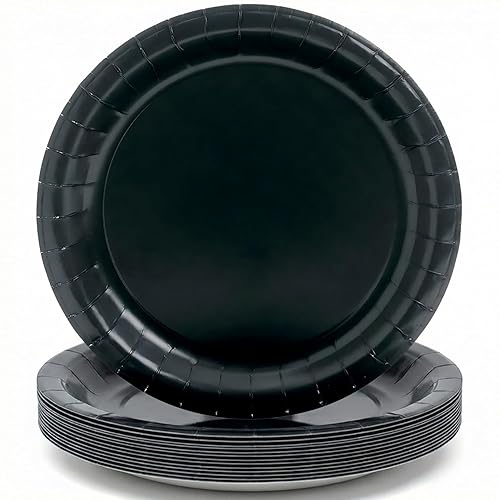 Fun Express Black Round Paper Dinner Plates - Stylish, Round, Solid Tableware for Parties & Events - Perfect for Serving Appetizers, Main Dishes - 24