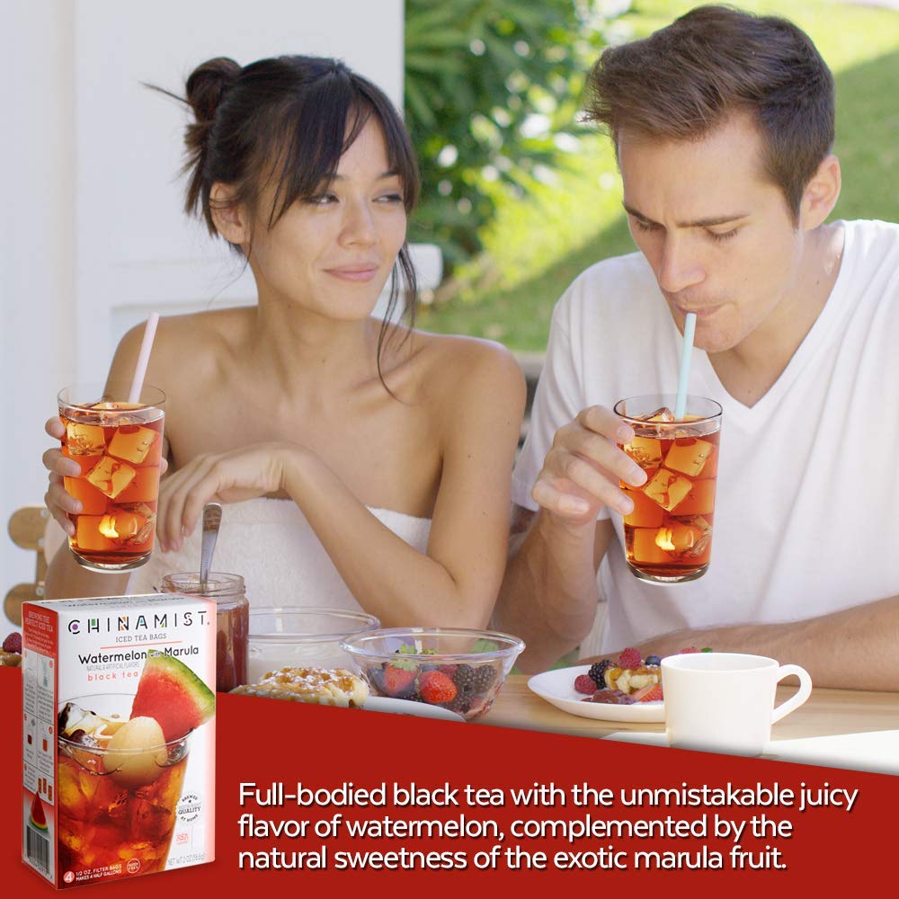 CHINAMIST Watermelon with Marula Black Iced Tea Filter Bags - Refreshing Fruit-Infused Black Tea - Each Bag Brews Half Gallon - 4 Filter Bags (Pack