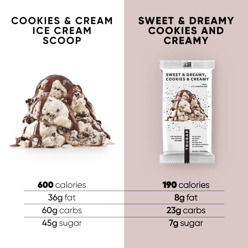 TRUBAR Vegan Protein Bar, Sweet & Dreamy Cookies and Creamy, Gluten Free, Plant Based Protein, Dairy Free, Non GMO, Soy Free, No Sugar Alcohols, 12G