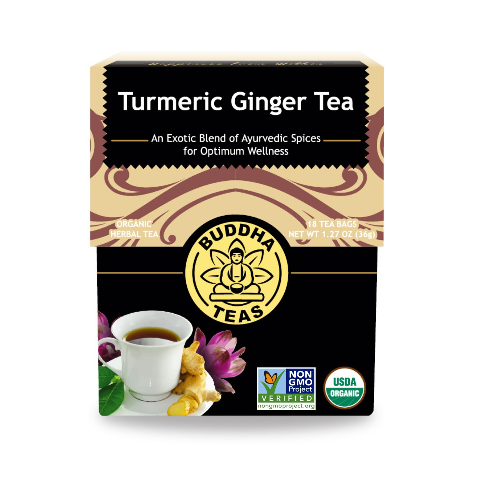 Buddha Teas Organic Turmeric Ginger Tea - OU Kosher, USDA Organic, CCOF Organic, 18 Bleach-Free Tea Bags