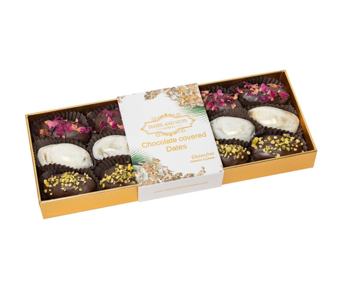 Chocolate Covered Dates Stuffed with Walnuts - 15 Piece Gourmet Gift Box - Dark & White Chocolate Assortment with Pistachios & Rose Petals - Luxury