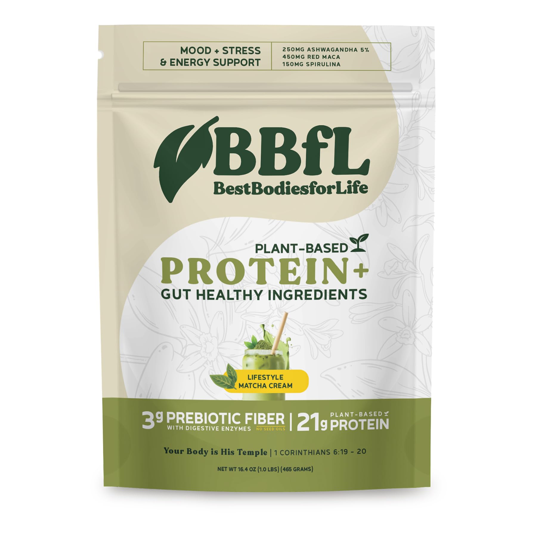 BBfL Plant-Based Protein Shake - 21g Vegan Protein, Matcha + Apple Cider Vinegar, Prebiotics, Digestive Enzymes, Adaptogens for Stress & Mood Support