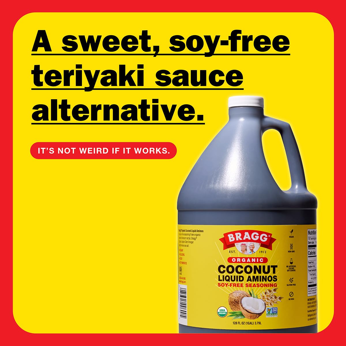 Bragg Organic Coconut Liquid Aminos Seasoning - 128 fl oz - Soy-Free Teriyaki Sauce Alternative - Gluten-Free, Vegan, Plant-Based Seasoning