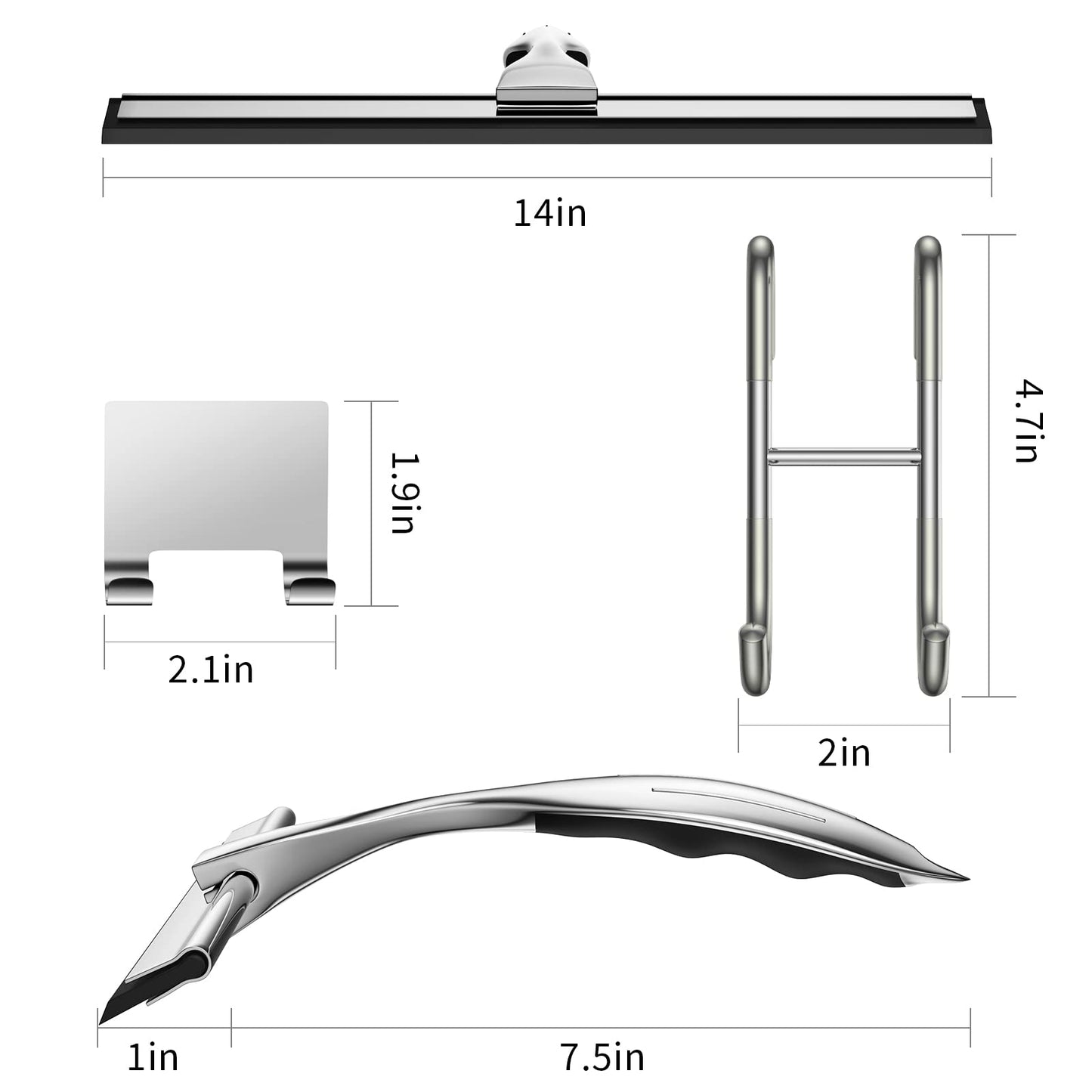 14-Inches Stainless Steel Shower Squeegee Set, Include Shower Door Hook, Adhesive Hook and Spare Silicone Blade, Window Squeegee for Shower Glass