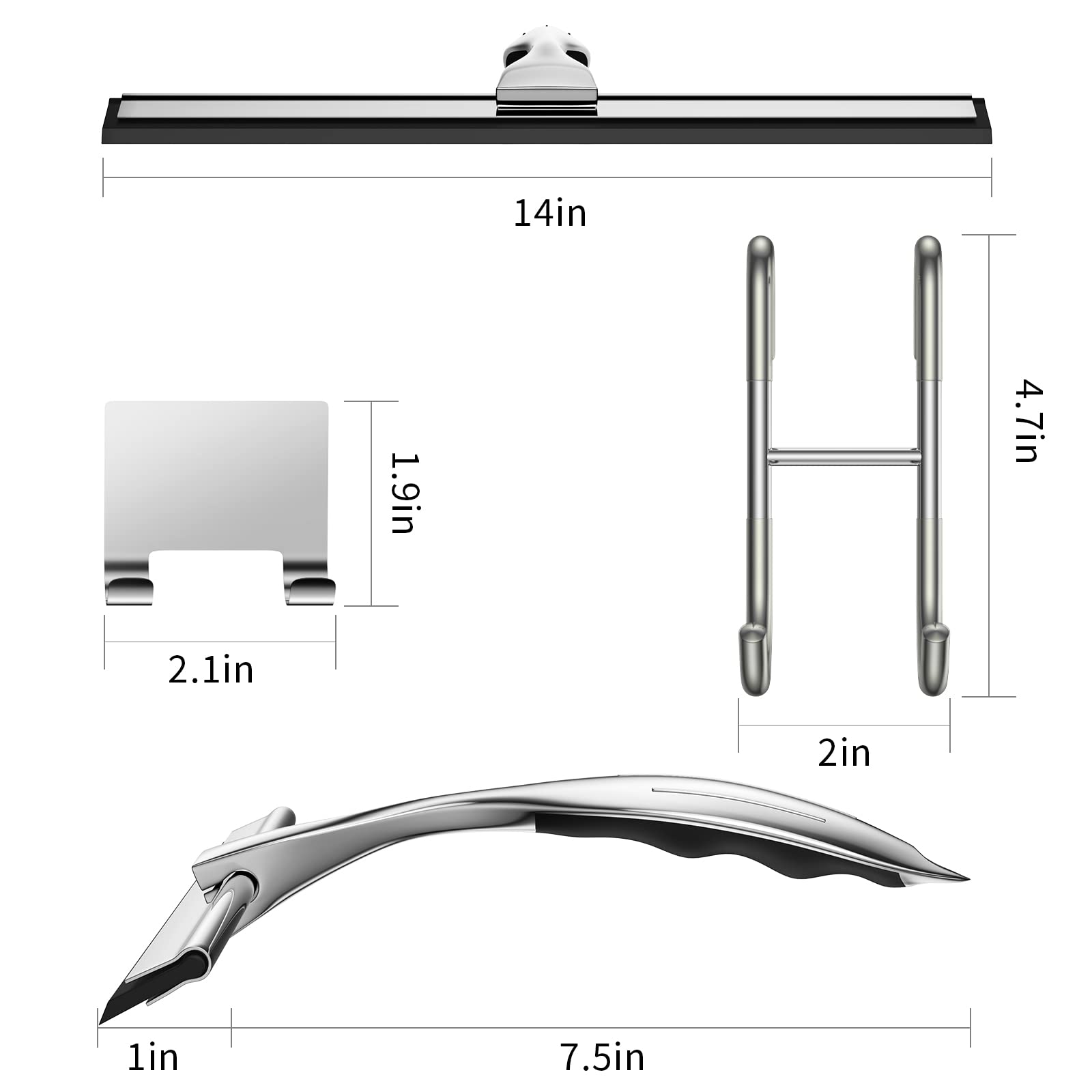 14-Inches Stainless Steel Shower Squeegee Set, Include Shower Door Hook, Adhesive Hook and Spare Silicone Blade, Window Squeegee for Shower Glass