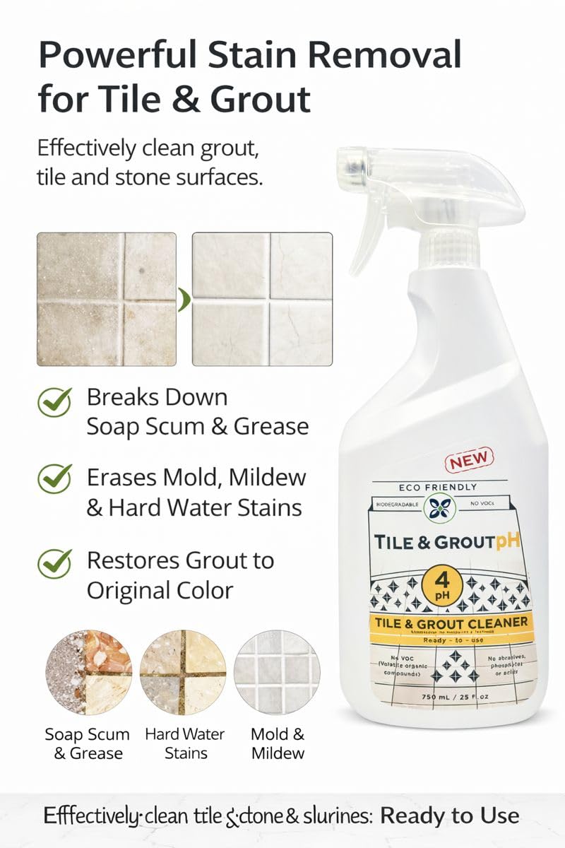 Tile & Grout pH - Eco-Friendly Acidic Tile & Grout Cleaner (pH 4) - Removes Hard Water, Soap Scum & Grime - No VOCs, Biodegradable, 25 fl oz