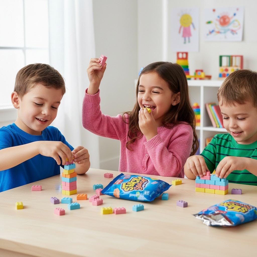 DOUzzle Kosher, Stack 'n Snack Candy Blocks, Edible Bricks, Building Blox, Construction Cake Toppers, (10 Pack), Individually Wrapped Treats, Birthday