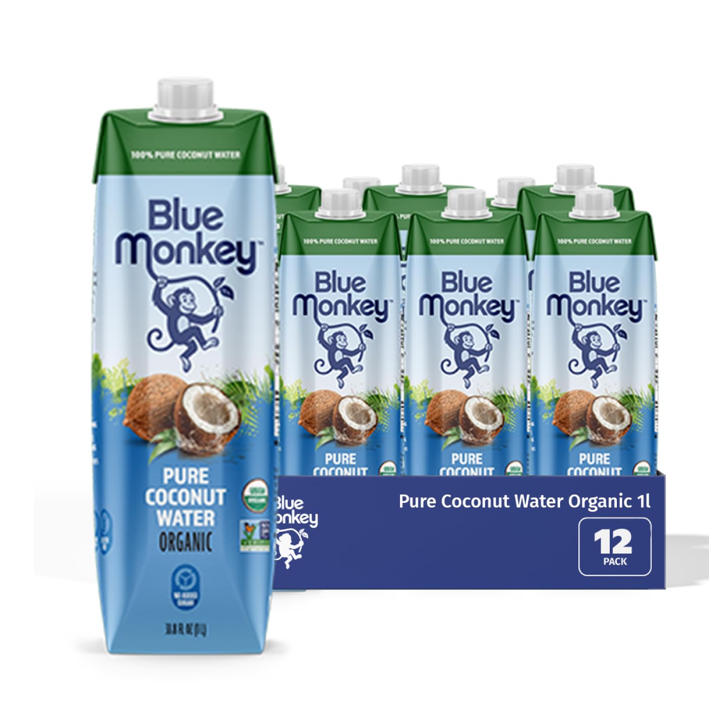 Blue Monkey Organic Coconut Water - 100% Pure Coconut Water from Vietnam - No Sugar Added - USDA Organic, Non-GMO, Kosher, Halal, Shelf Stable