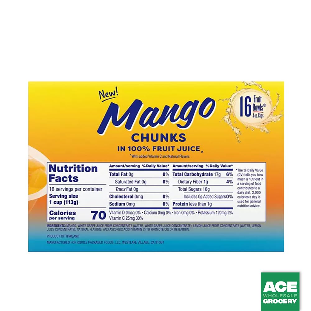 Dole Mango Chunks Fruit Cups in 100% Juice, 4 Ounce Cups (16-Count)