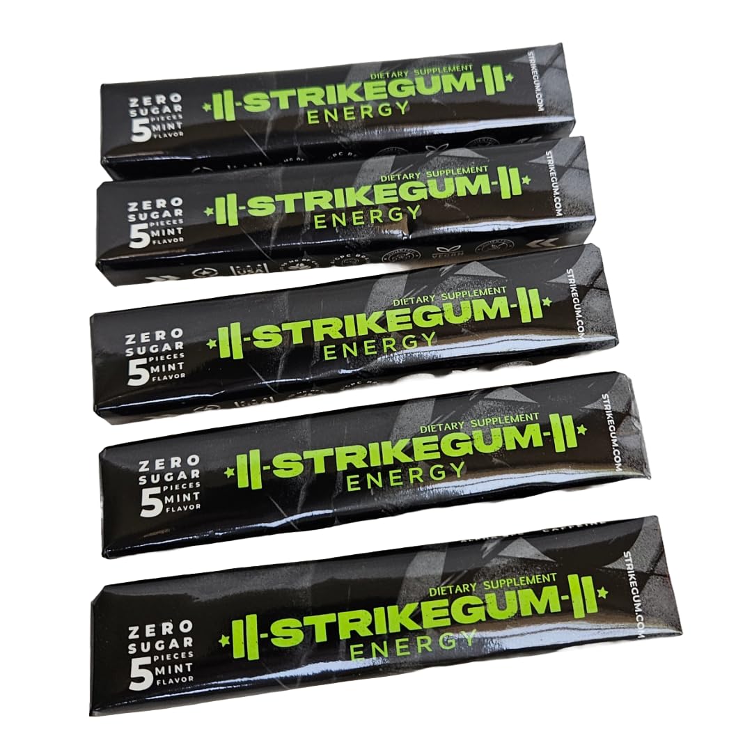 Strike Gum 5 packs of 5 Pieces |90mg natural caffeine|100mg alpha gpc| Sugar Free| Vegan | Made in the USA | Premium Energy Gum