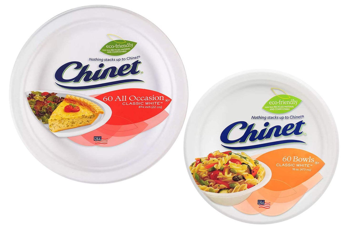 Chinet Classic Bundle - 60 Paper Bowls and 60 Paper Disposable Plates Combo - Classic White 16 Oz Bowls and All Occasion 8 3/4 Inch Classic White