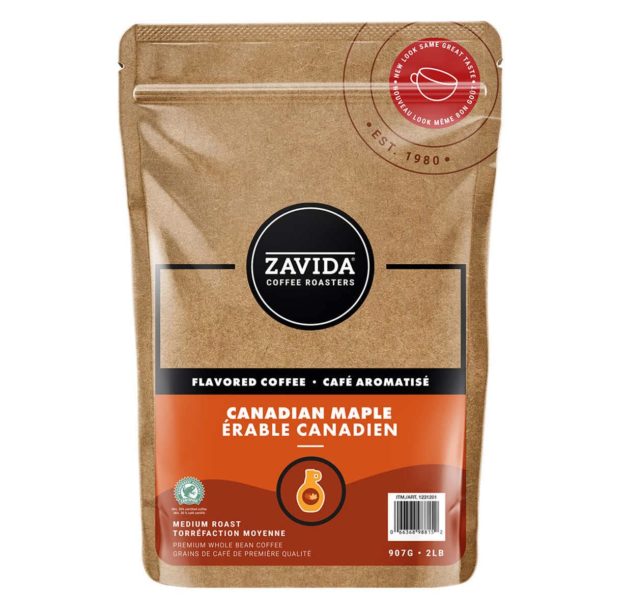 Zavida Canadian Maple, Medium Roast, Premium Whole Bean Coffee, 907g/2 lbs. Bag (Imported from Canada)