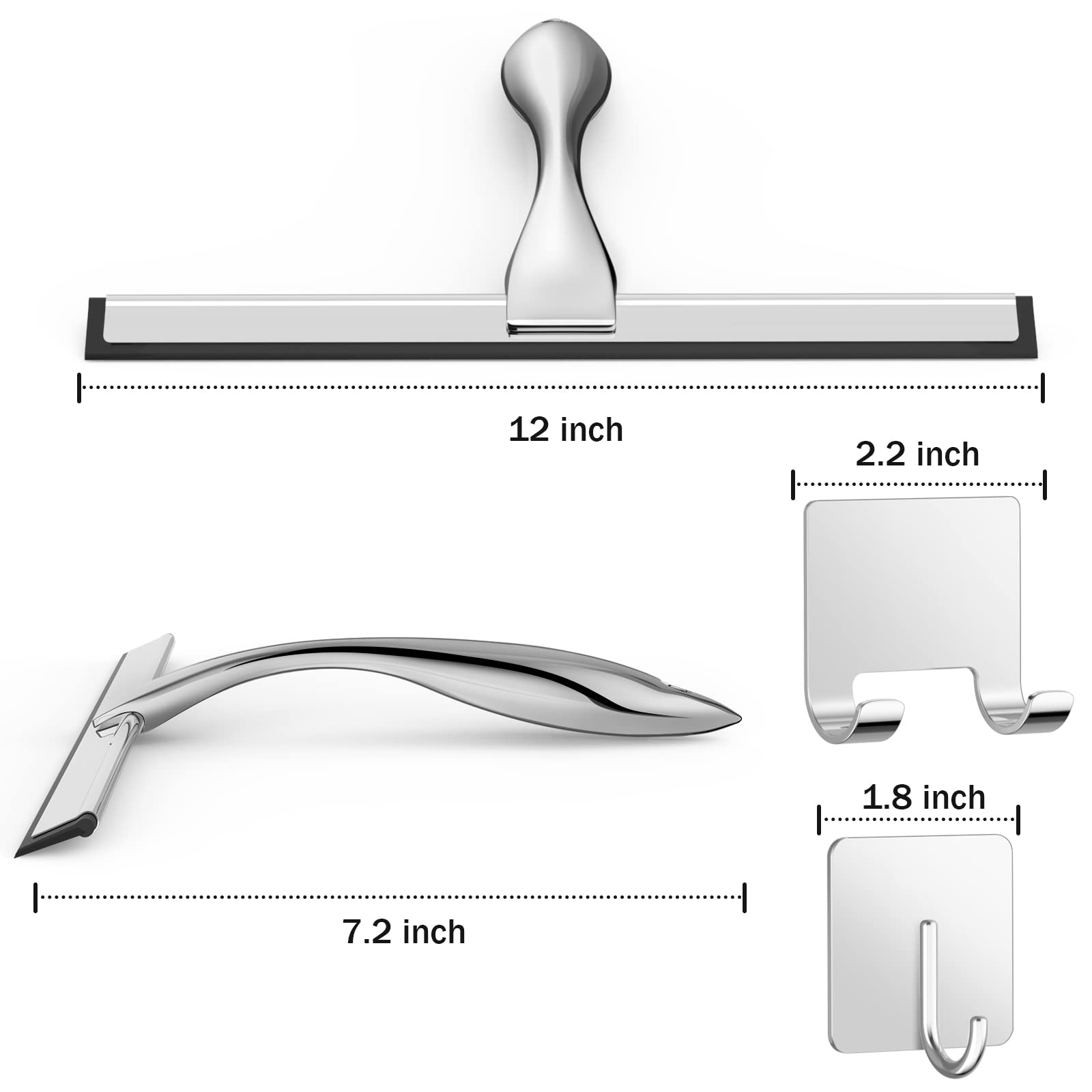 All-Purpose Stainless Steel Shower Squeegee for Shower Doors with 2 Adhesive Hooks, Bathroom Cleaner Tool Household Window Mirror Squeegee for Home