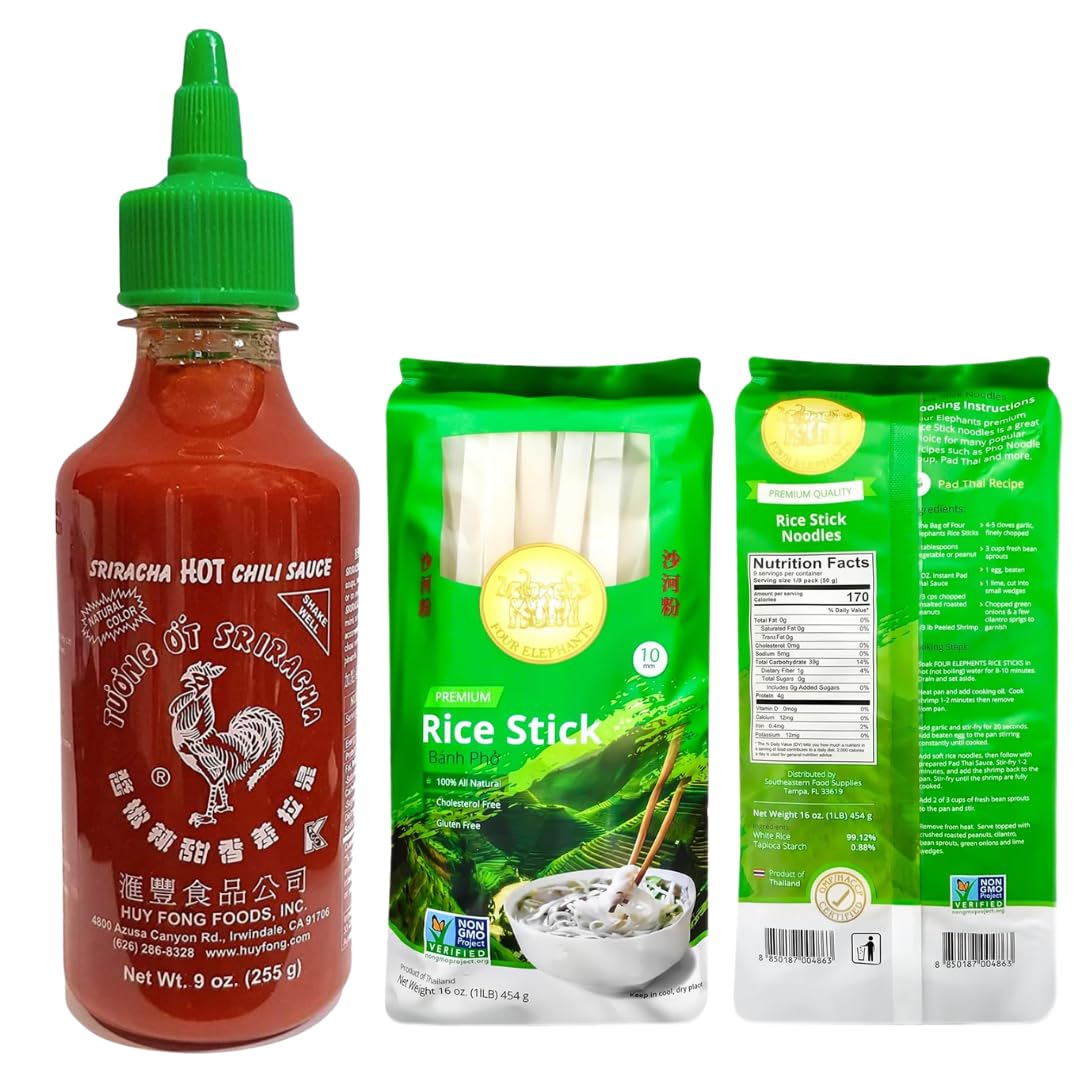 Sriracha Chili Sauce 9 oz + 10MM Rice Stick Noodles Bundle | Wide Rice Noodles for Stir Fry | Wheat-Free Alternative to Wheat Noodles | Authentic