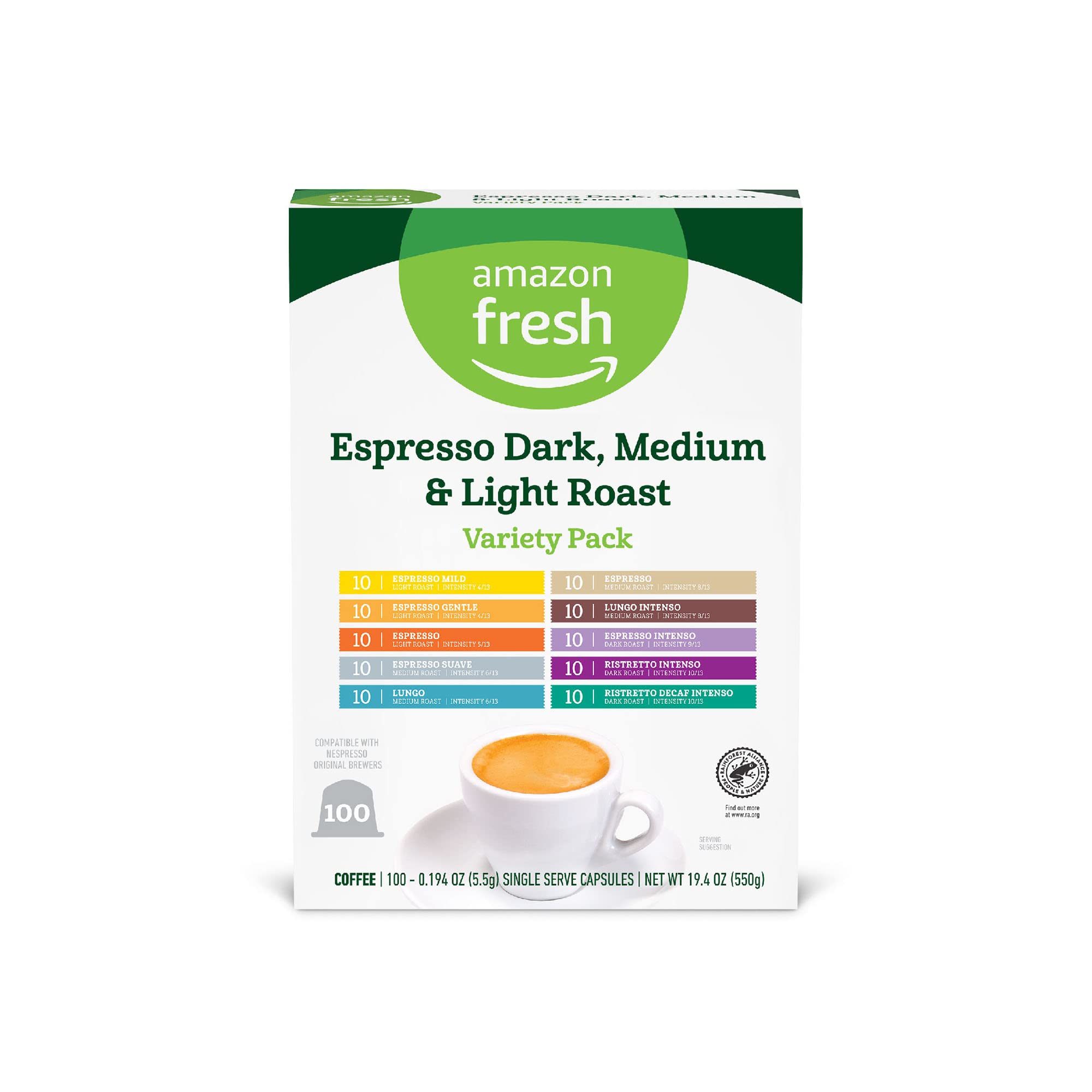 Amazon Fresh Espresso Dark, Medium & Light Roast Aluminum Capsules, Variety Pack, Compatible with Nespresso Original Brewers, 100 Count (10 Packs