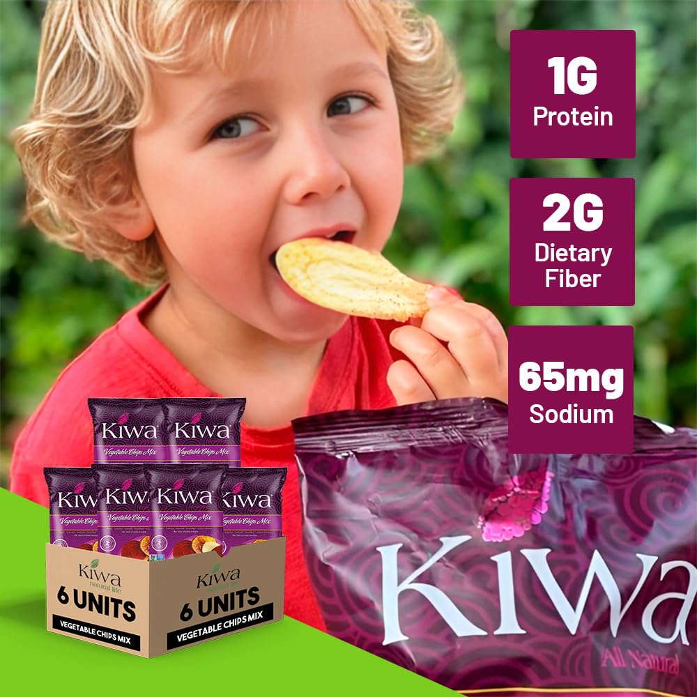 Kiwa Vegetable Chips Mix 6-Pack - Gluten-Free, Vegan, Kosher, Non-GMO Snack - Made with Cassava, Parsnip, Sweet Potato, Plantain & Beetroot - 2.5oz