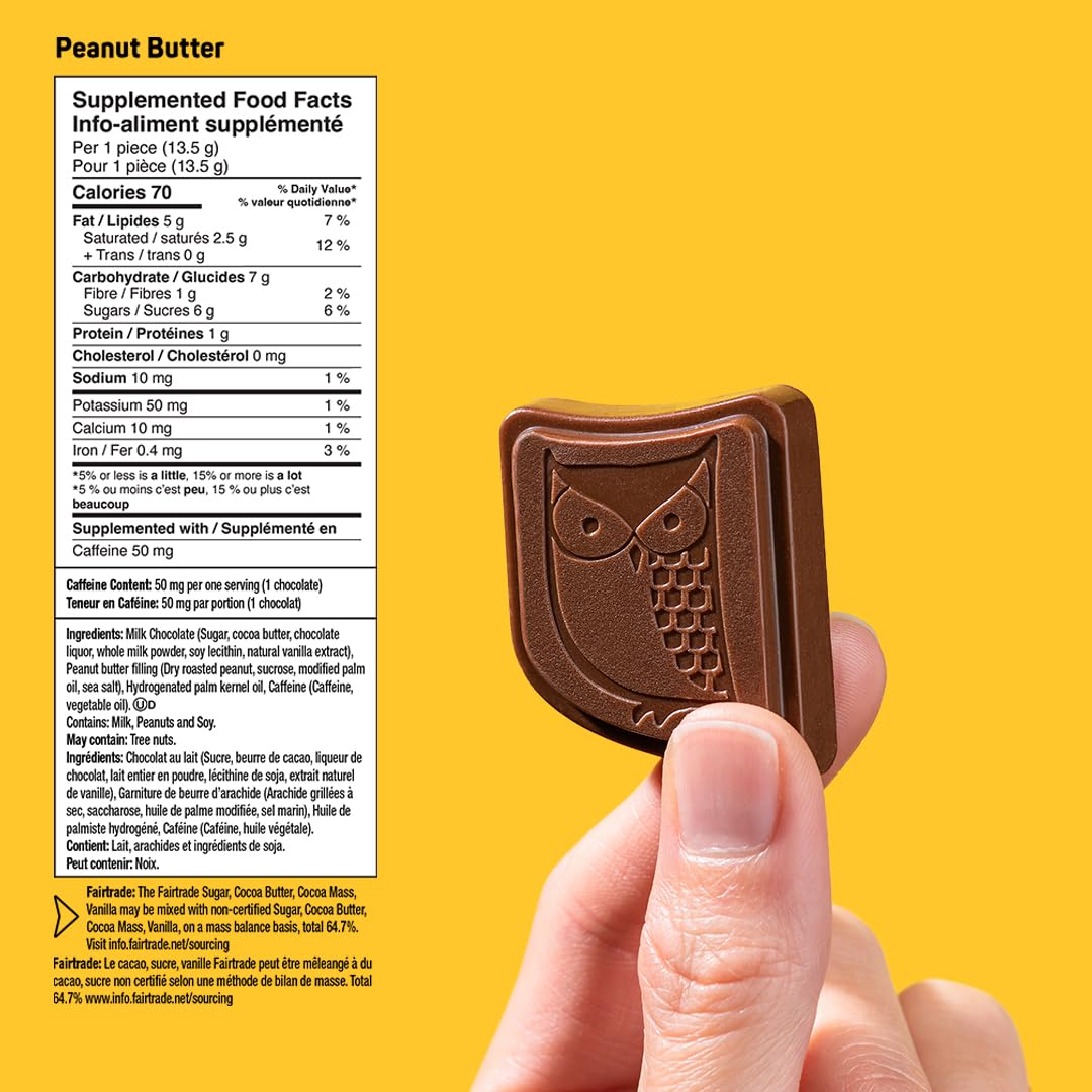 AWAKE - Caffeinated Chocolate Bites - Peanut Butter Milk Chocolate, 50 Bites - 50mg Caffeine - Wrapped Energy Bites - Coffee Alternative - Fairtrade