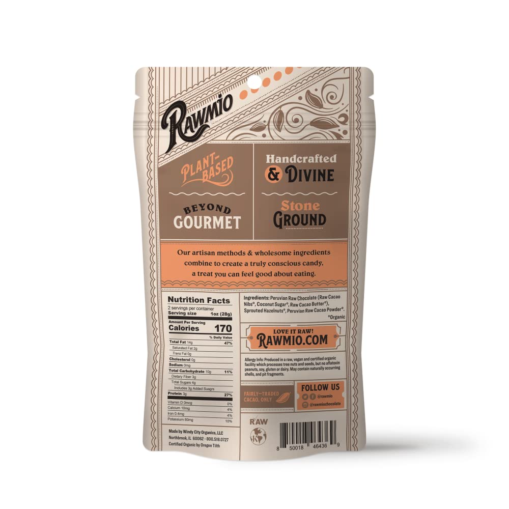 Rawmio Chocolate Covered Sprouted Hazelnuts - Organic, Raw, Vegan, 70% Dark Chocolate, 3 Packs, 2 oz.