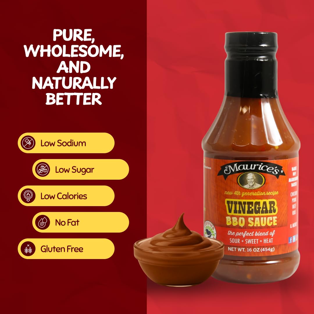 Maurice’s Gourmet Blend Vinegar BBQ Sauce - Sweet & Savoury Carolina with Smoke - Authentic Southern Carolina Barbeque Dressing- Apple Cider Vinegar