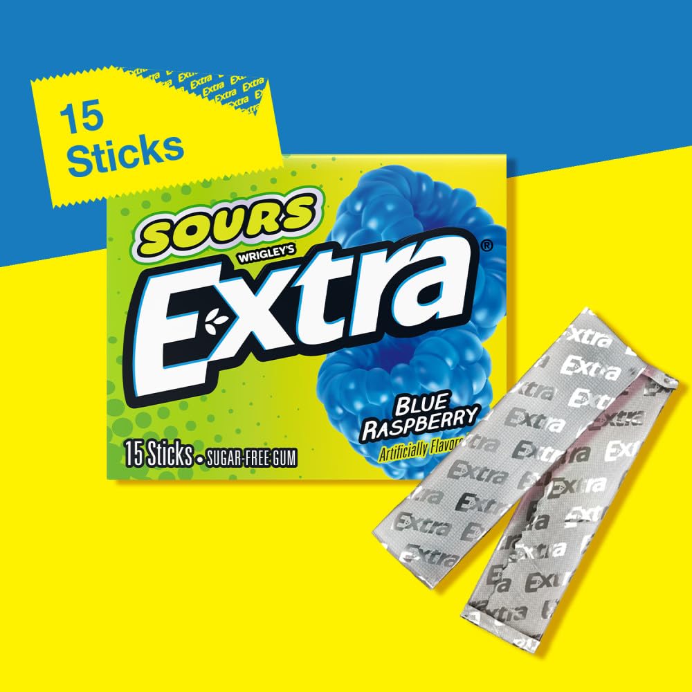 Extra, Sours Blue Raspberry Sugar Free Chewing Gum Sour Candy Fruit Gum, 15 Stick Pack, 15 Count