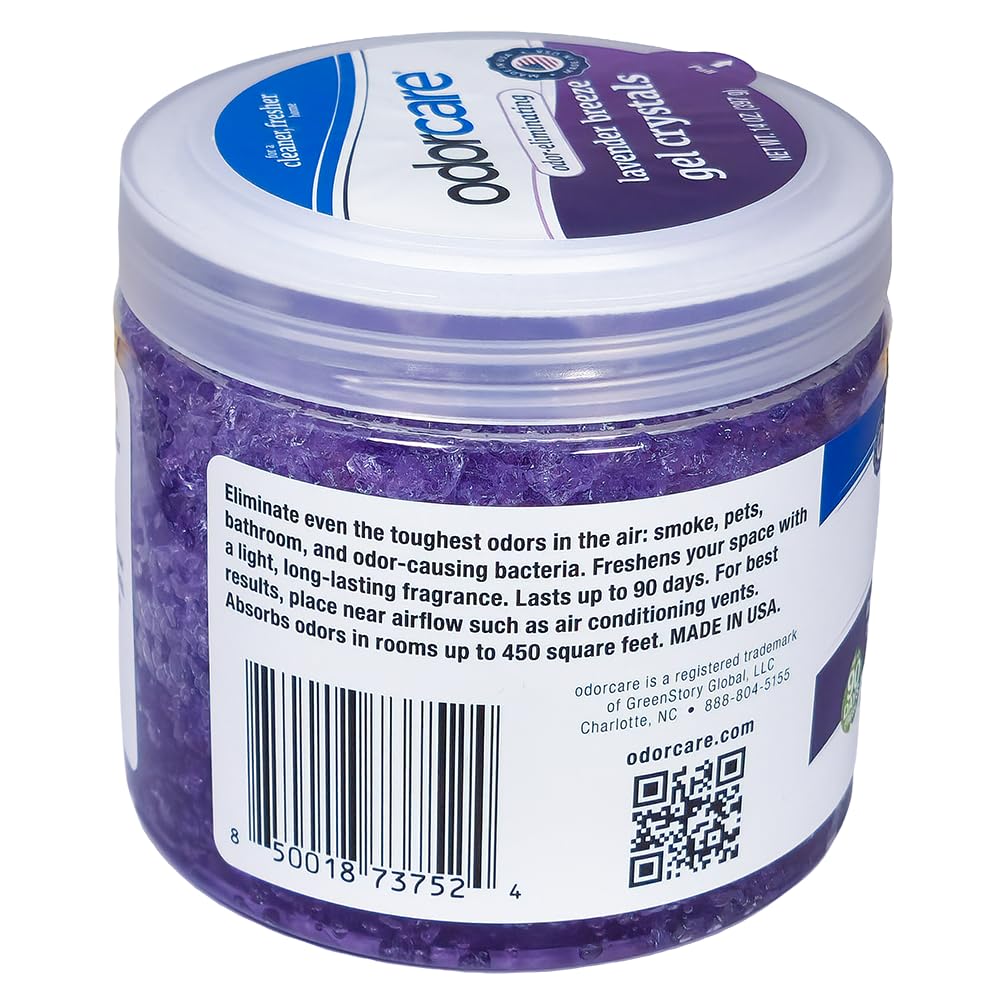 OdorCare 14 oz Gel Crystal Odor Absorber, Odor Eliminator for Smoke, Odor, & Musty Smell in Home, Bathroom, Kitchen, Pet Areas, Made in USA, Lavender