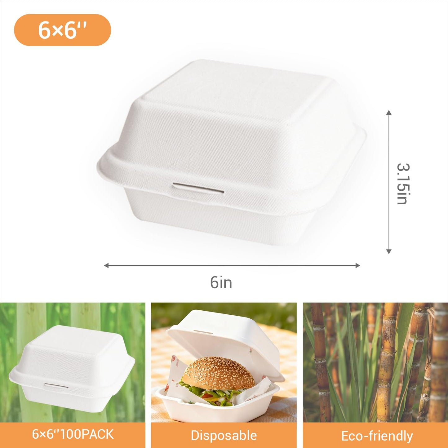 Disposable Burger Paper Clam Shell 100pcs 6" X 6" X 3" Takeaway Container with Flip Lid, Microwave/Frozen Food Grade sugarcane bagasse material