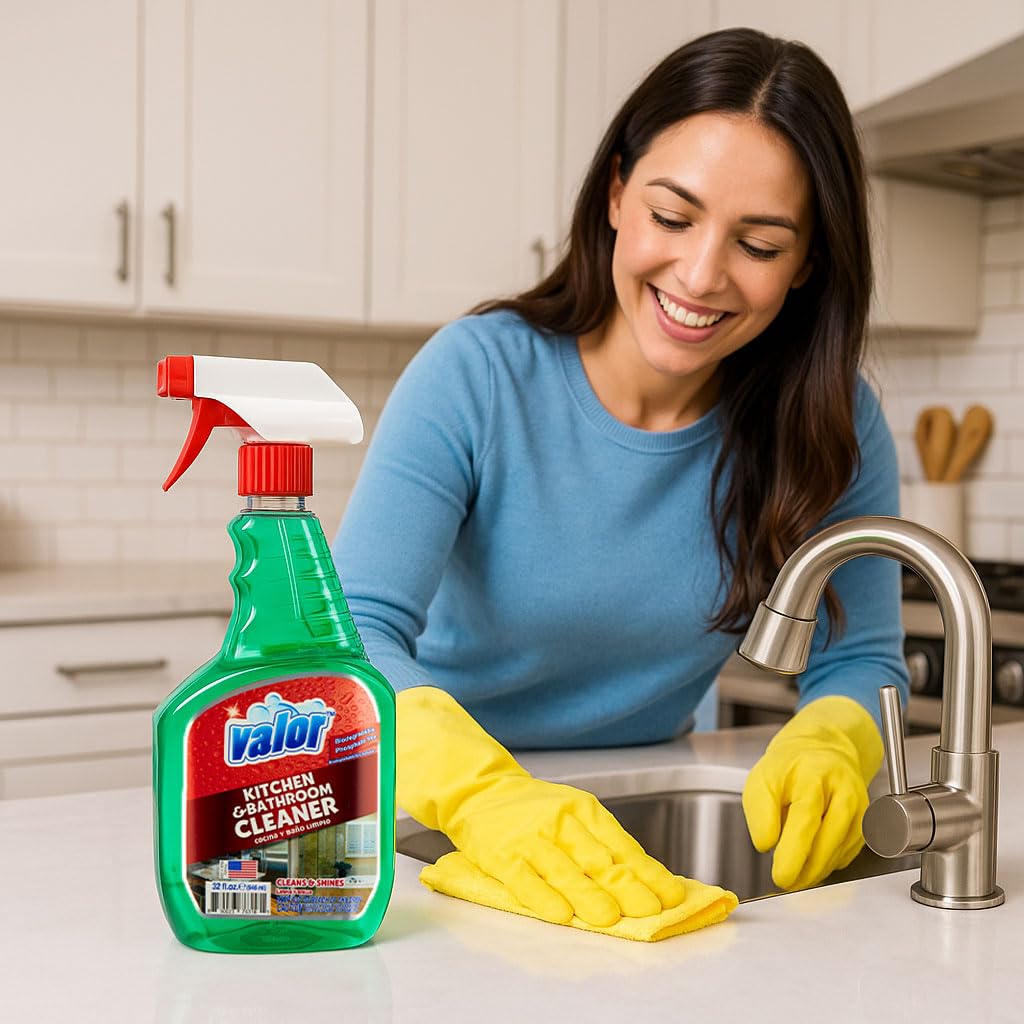 Valor Kitchen & Bathroom Cleaner Spray - Multi-Surface Degreaser & Limescale Cleaning Solution, Eco-Friendly Biodegradable Formula, (32 Fl Oz (Pack