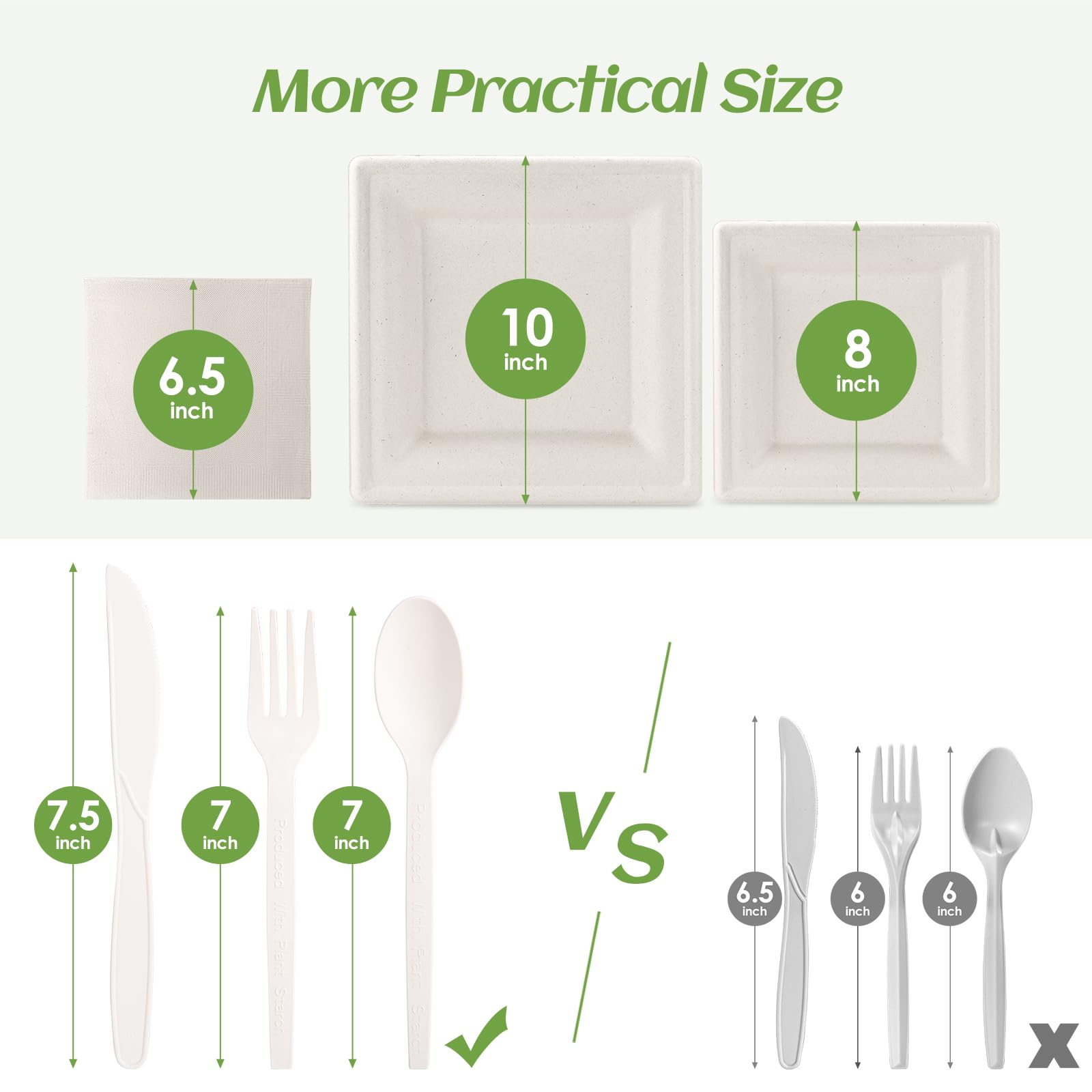 Compostable Disposable Paper Plates Set -[300 Pcs]10 inch 8 inch Heavy Duty Biodegradable Square Plates and Spoons,Forks,Knives,Napkins-Eco-Friendly