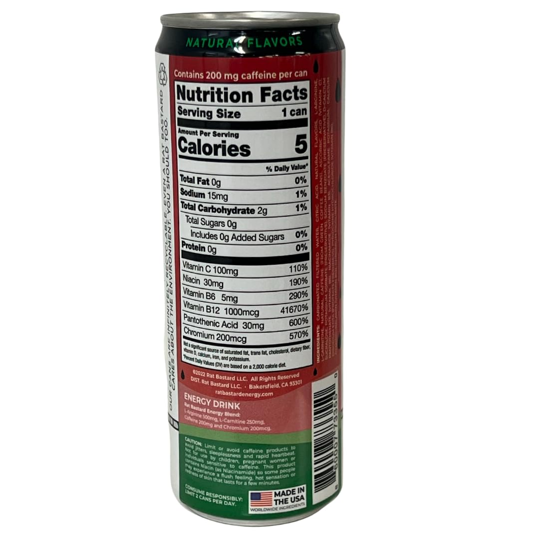 RAT BASTARD Energy Drink - Sugar-Free Caffeinated Beverage, Natural Caffeine to Boost Energy and Focus, Wild Watermelon Flavor, 12 fl oz Can (Case