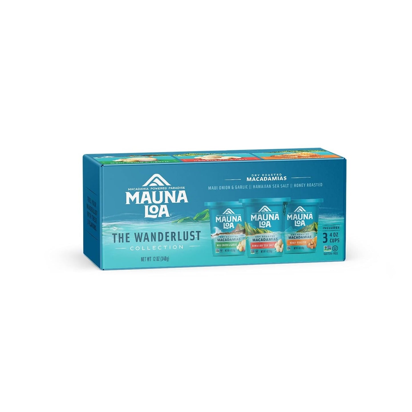 Mauna Loa Classic Variety Pack, 3 Pack of 4 oz Cups with Lid - Sea Salt, Honey Roasted & Garlic Onion Flavors, Gluten Free Hawaiian Snack