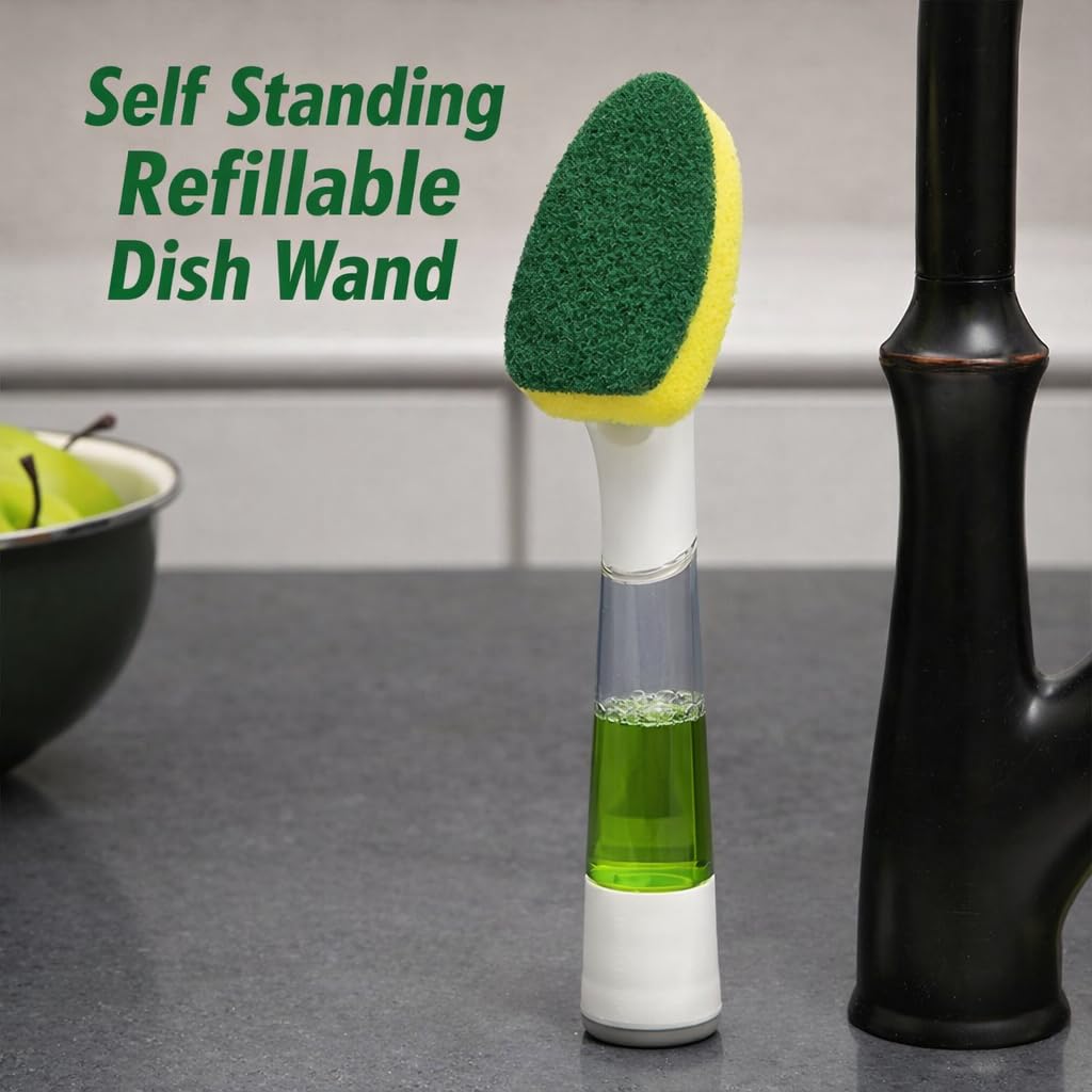 LIBMAN Dishmatic® Dish Wand - Soap Dispensing Dish Brush with Soap Dispenser - Cleaning Scrub Brush with Handle - Refillable Dish Scrubber for Washing