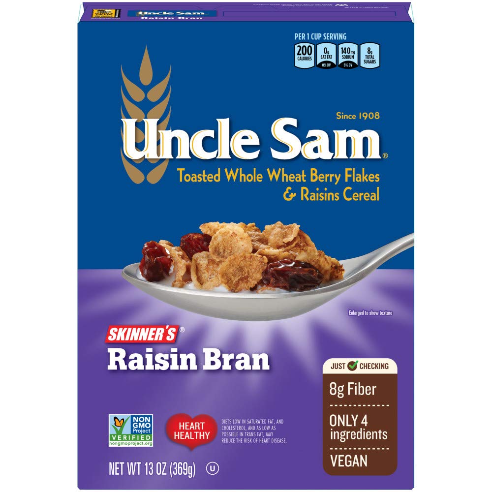 Uncle Sam Skinner's Raisin Bran Cereal, High Fiber, Whole Grain, Non-GMO Project Verified, Heart Healthy, Kosher, Vegan, 13 Oz Box (Pack of 12)