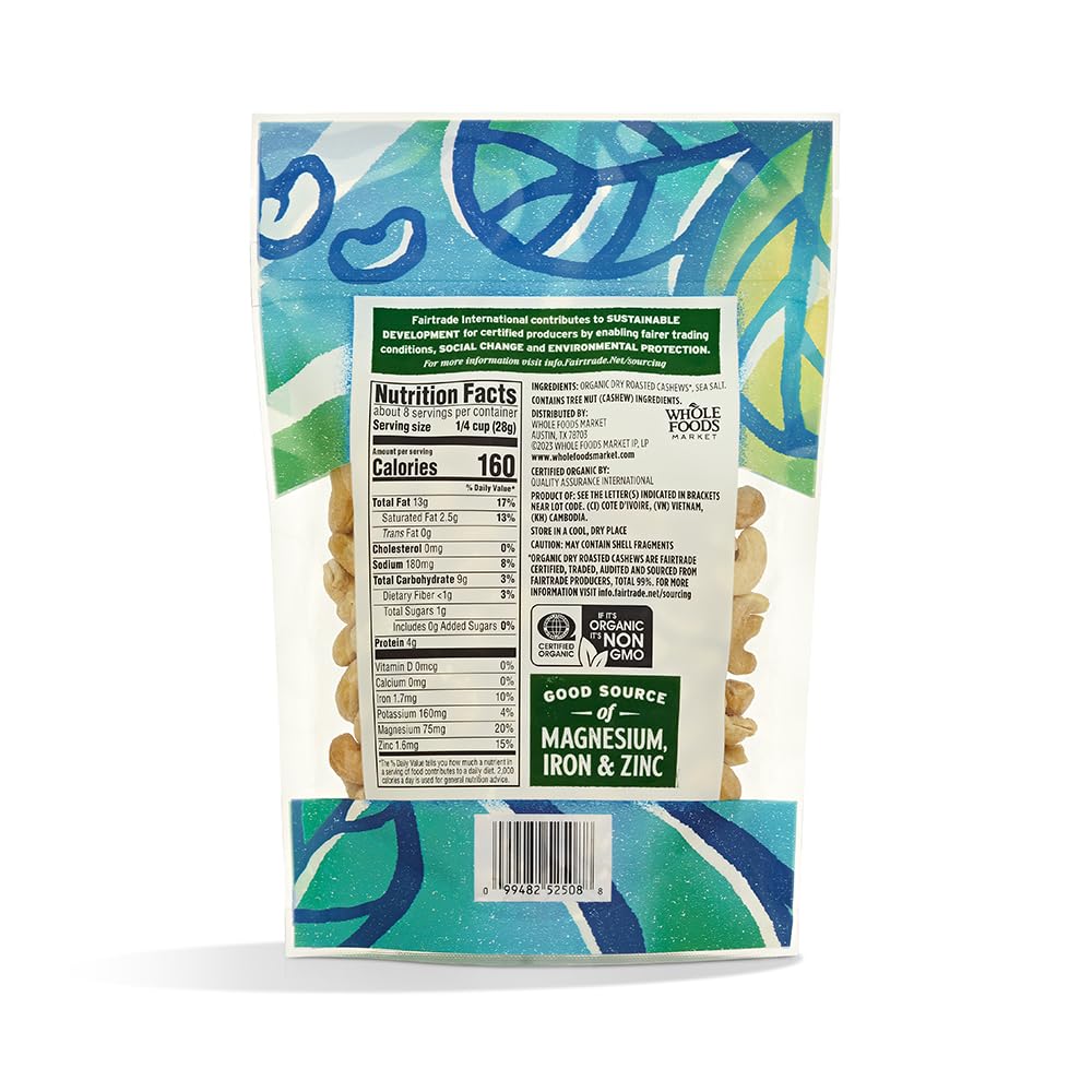 Whole Foods Market, Cashews Dry Roasted Sea Salt Fair Trade Organic 8 Ounce