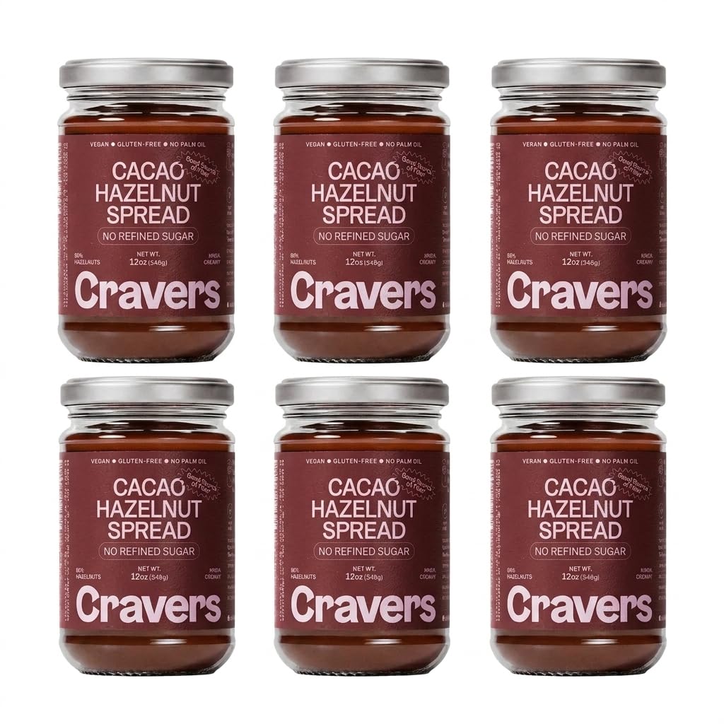Cravers Cacao Hazelnut Spread - 80% Hazelnut - No Refined Sugar, Vegan, Palm Oil Free & Non-GMO, Creamy Chocolate Spread | 12 oz Jar | Plant Based