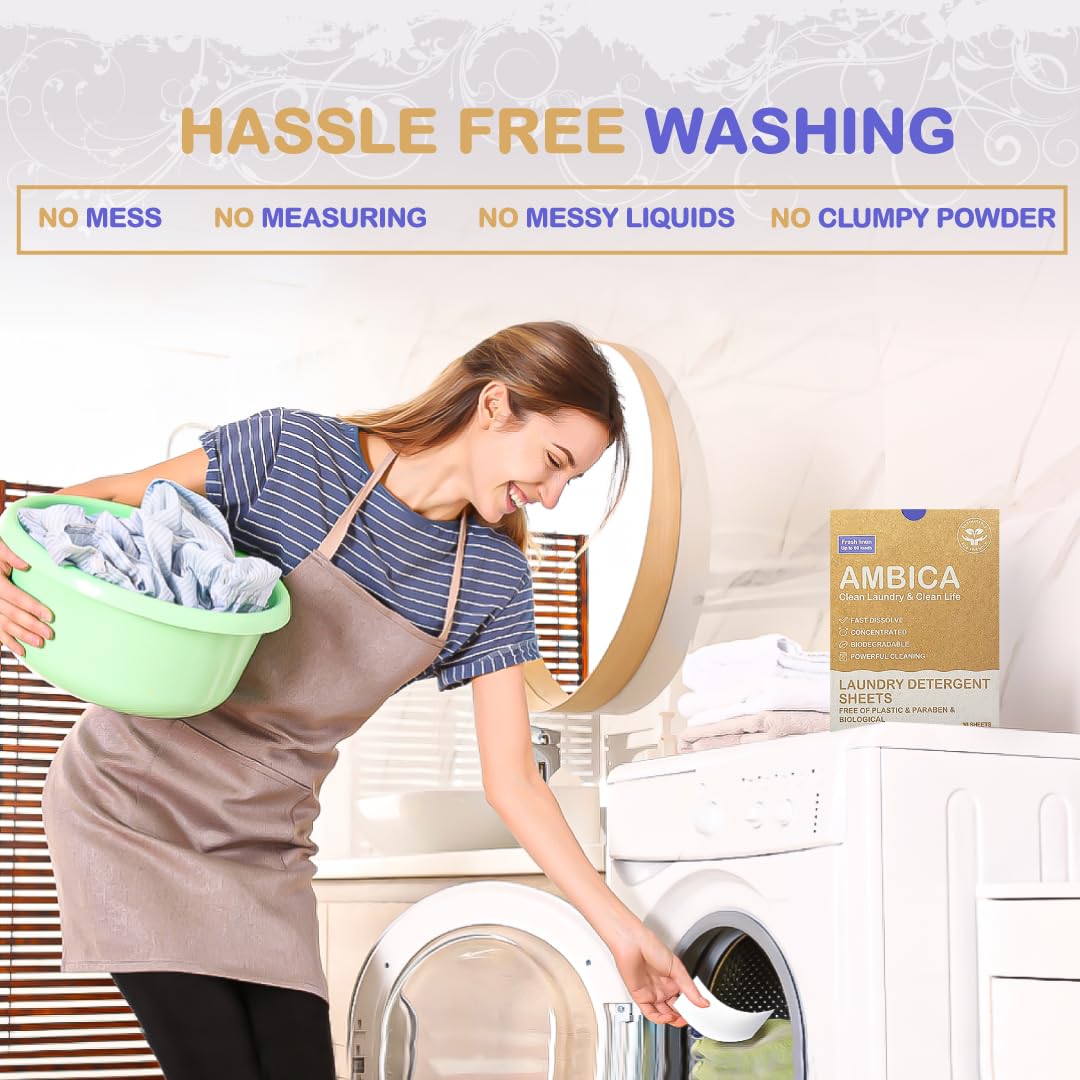 Ambica Travel Laundry Detergent Sheets, Plant-Based Laundry Soap for Fresh Clothes, Hypoallergenic & Free from Harsh Chemicals, Perfect for Sink or