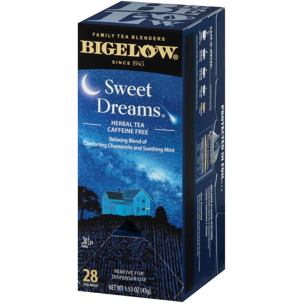Bigelow Sweet Dreams Herbal Tea 28-Count Box (Pack of 1) Relaxing Blend of Chamomile & Mint Caffeine-Free Nighttime Herbal Tea in Individual