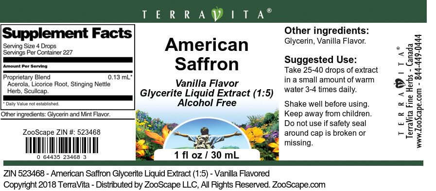 American Saffron Glycerite Liquid Extract (1:5) - Vanilla Flavored (1 oz, ZIN: 523468)