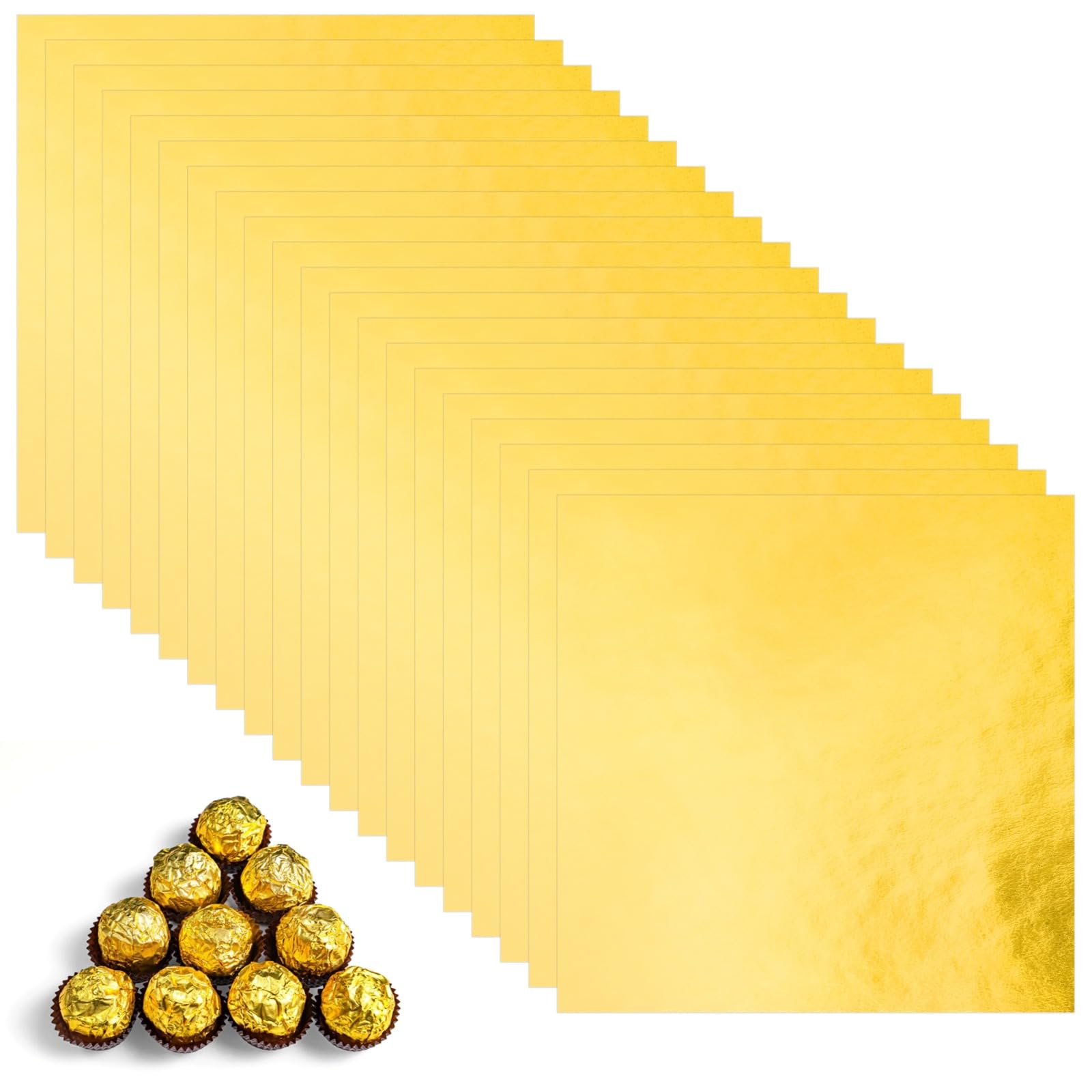 Toyosport Gold Foil Candy Wrappers for Chocolate, 100 Sheets of 7.9 x 7.9 Inches, Glossy Aluminum Foil Paper for Homemade Candies, Perfect