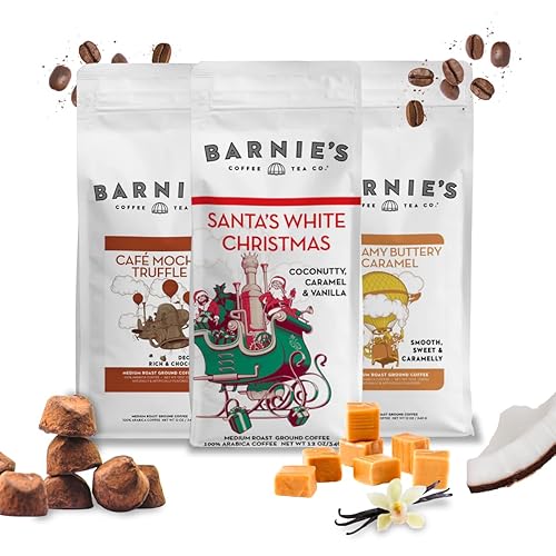 Barnie's Premium Flavor Coffee Trio with Santa's White Christmas, Creamy Buttery Caramel and Café Mocha Truffle, Medium Roasted Arabica Beans, 12 oz