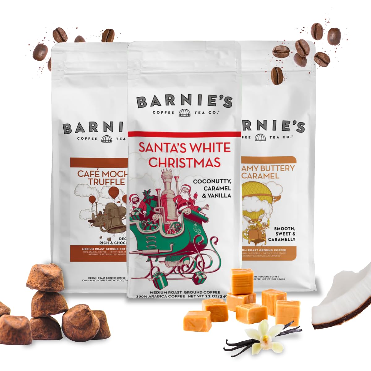Barnie's Premium Flavor Coffee Trio with Santa's White Christmas, Creamy Buttery Caramel and Café Mocha Truffle, Medium Roasted Arabica Beans, 12 oz