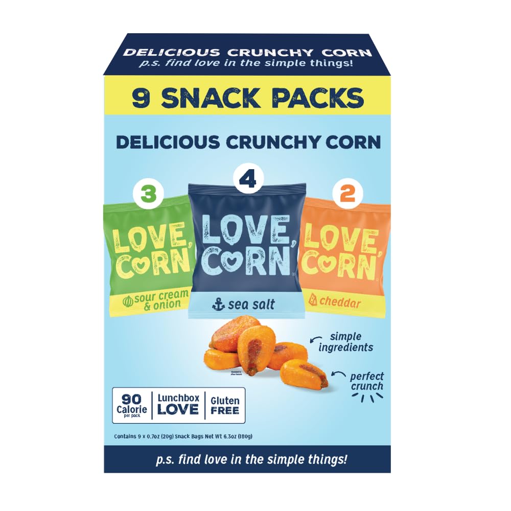 LOVE CORN Variety Pack - Sea Salt, Sour Cream & Onion, Cheddar - Crunchy Roasted Corn Snack, Gluten Free, Vegan - Alternative to Chips, Nuts