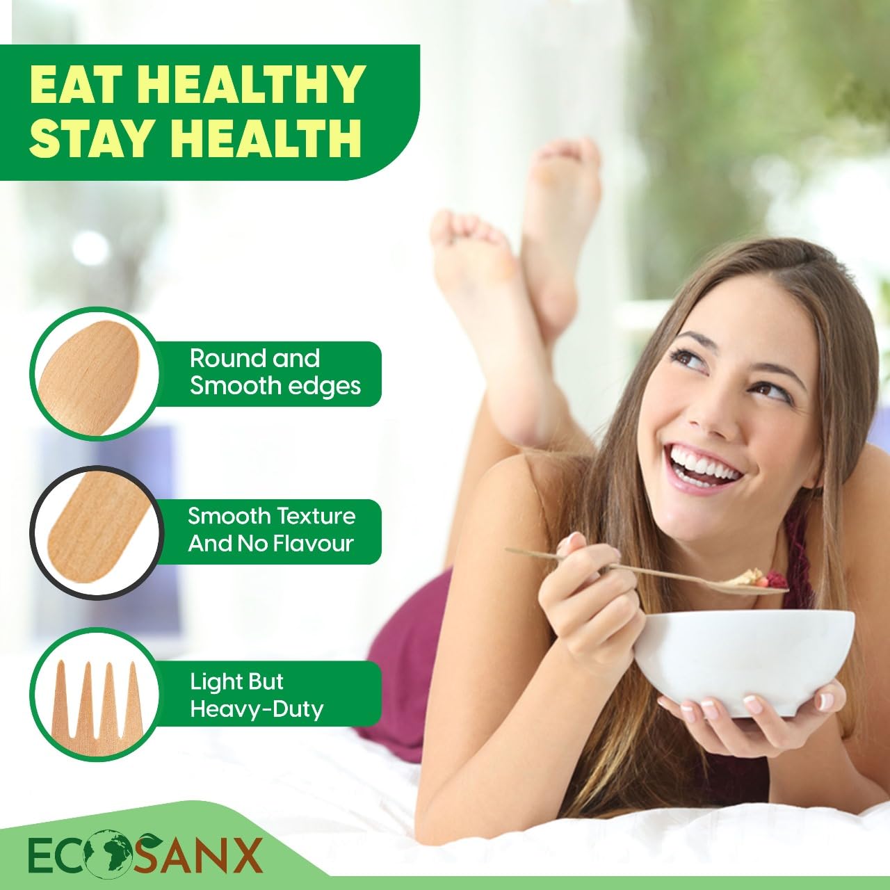 ECOSANX® 120 PCs Disposable Wooden Cutlery set 6.3" Splinter Free Compostable Utensils for party, Eco-Friendly, 100% All-Natural Bamboo Utensils set