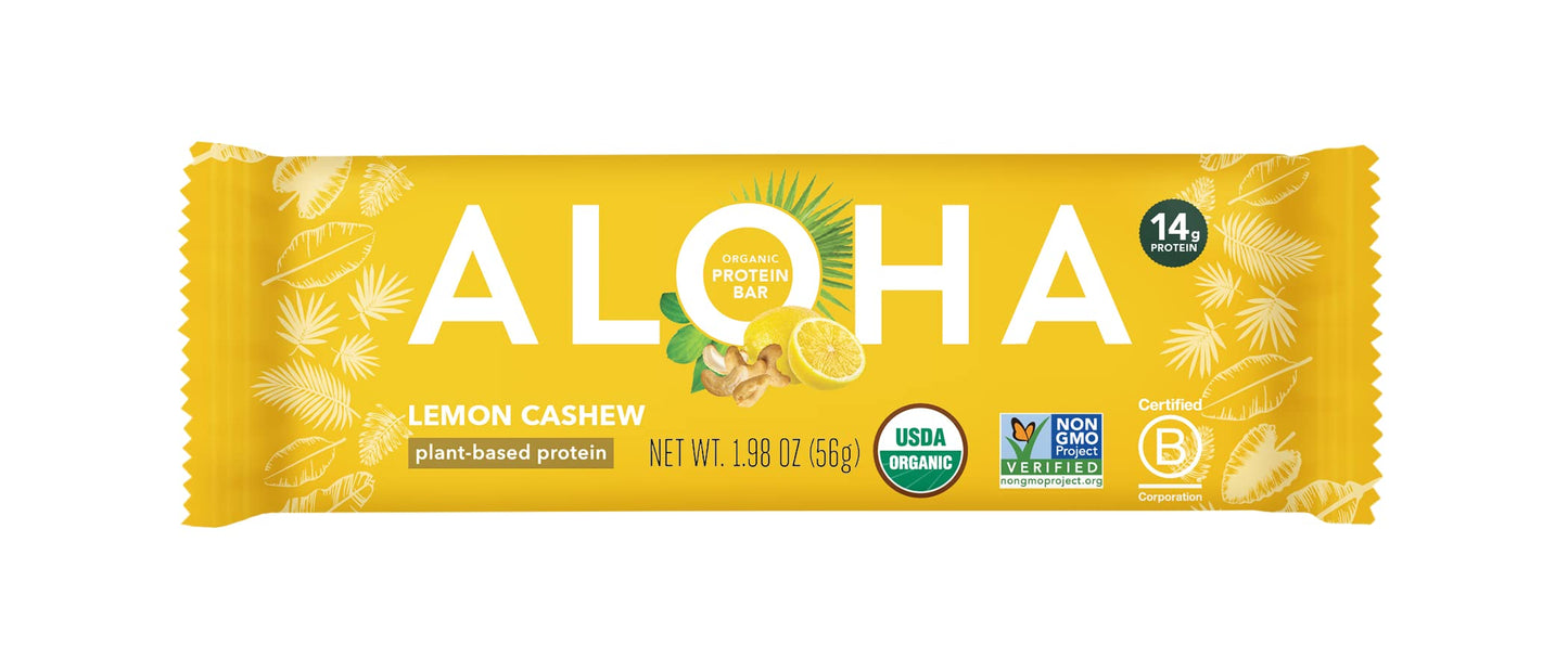 ALOHA Organic Plant Based Protein Bars - Lemon Cashew - Single Bar - Vegan, Low Sugar, Gluten-Free, Paleo, Low Carb, Non-GMO, No Stevia & No