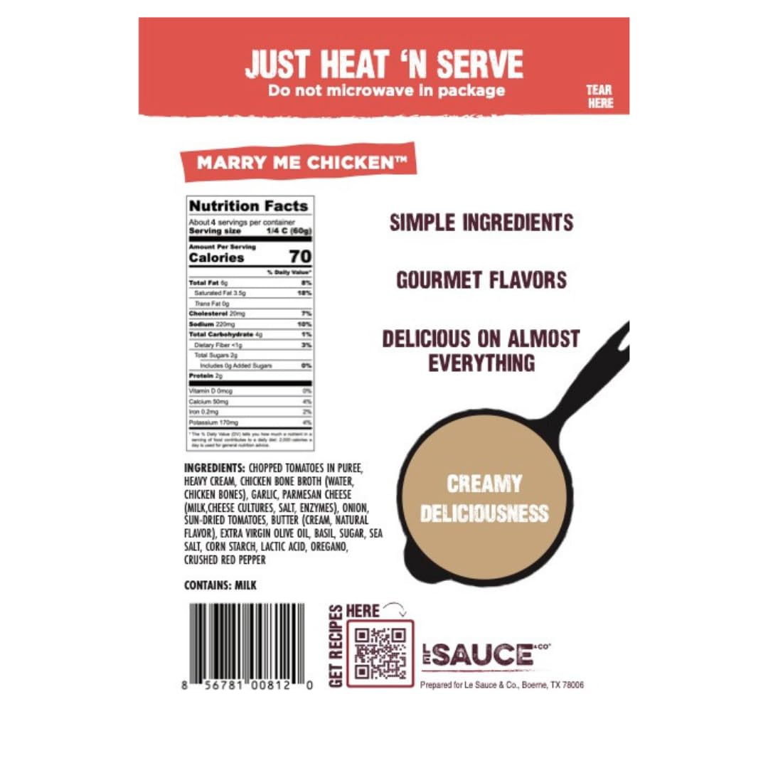 Le Sauce & Co. Marry Me Chicken Gourmet Gravy for Chicken Breast & Thighs, Creamy Parmesan Cheese Sauce for Foodies & Moms - Real Food Ingredients