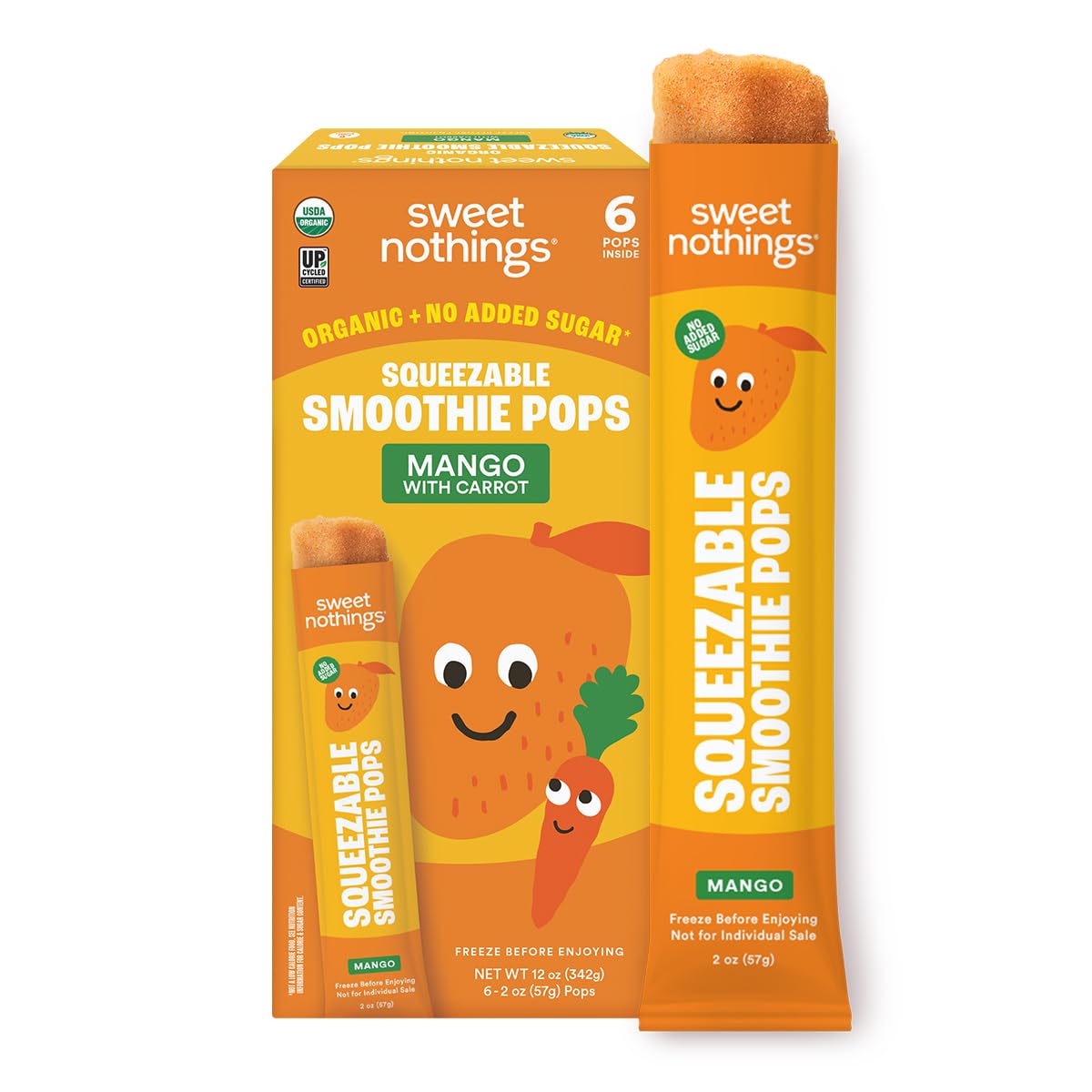 Sweet Nothings, Mango, USDA Organic Kids' Squeezable Super Fruit Smoothie Pops, Pack of 6 - Dye-Free, No Added Sugar, Dairy-Free, Vegan, Healthy