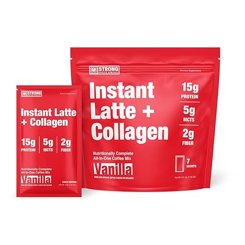 Strong Coffee Co. Vanilla Instant Latte Travel Pack | Organic Coffee with 15g Collagen Protein | Lion’s Mane & L-Theanine | Nootropic Instant Coffee |