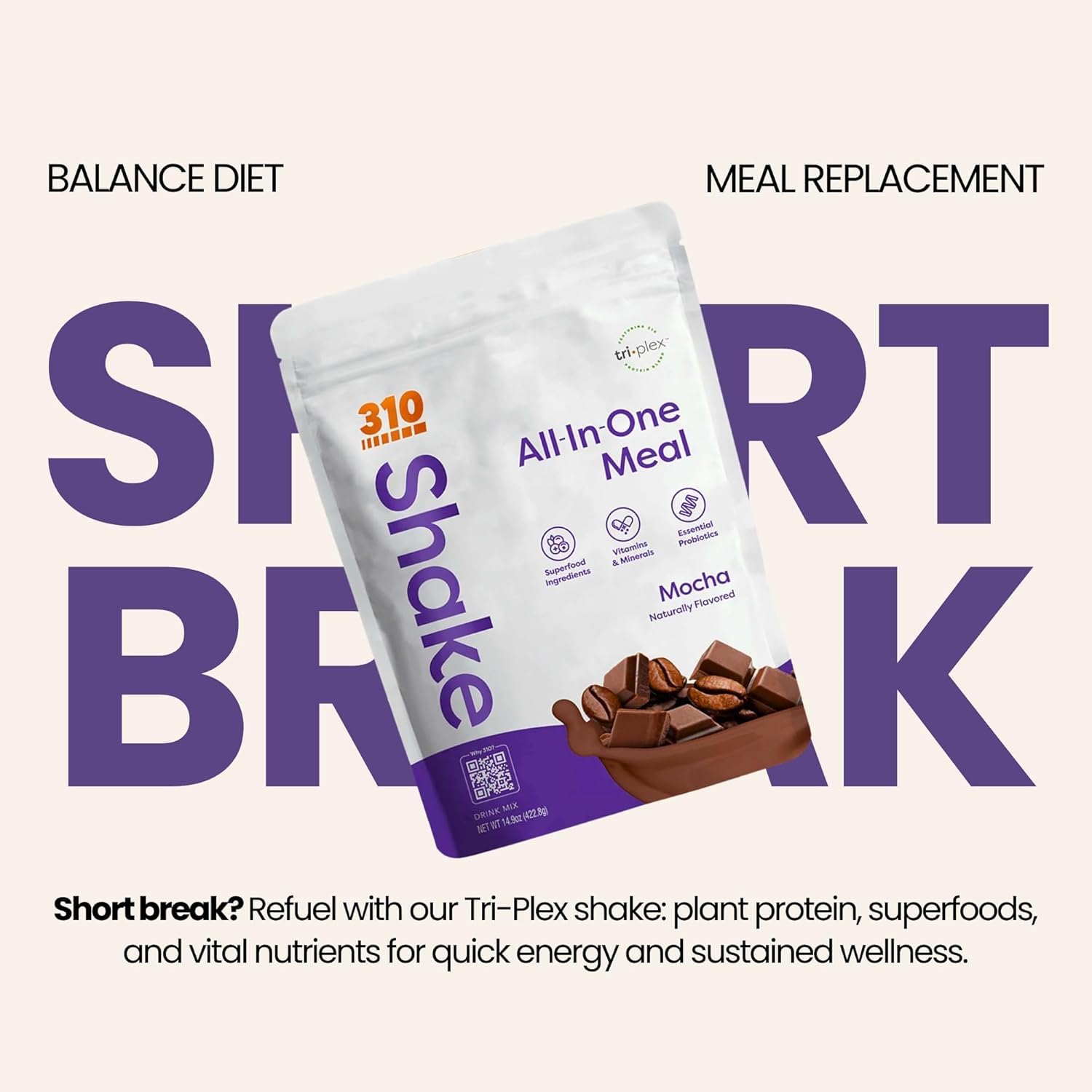 310 Nutrition All-In-One Meal Replacement Shake Powder - Plant-Based Protein Smoothie Blend w/High Fiber, Probiotics & Adaptogens - Low Carb, Vegan