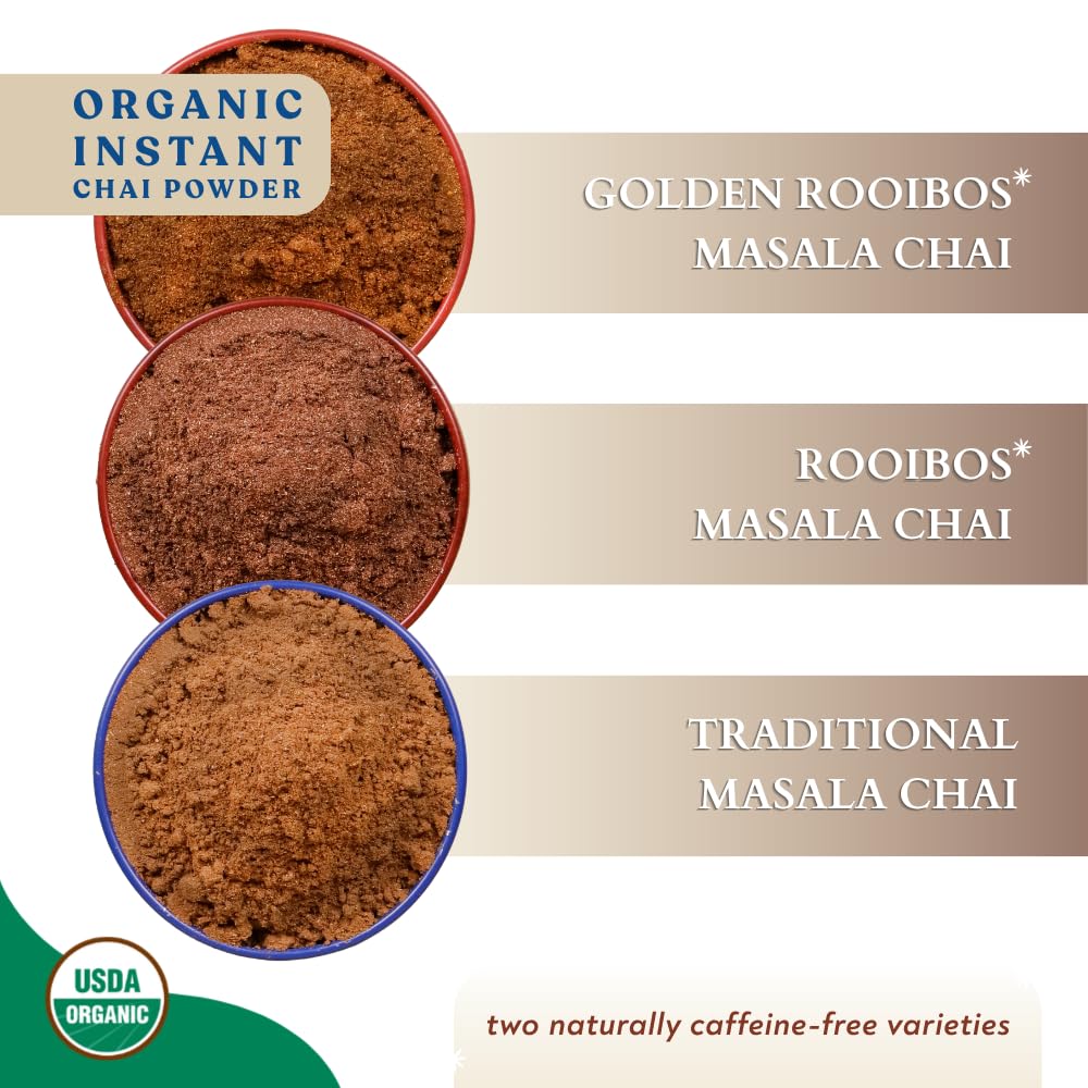 Blue Lotus Chai Tea - Harmony Collection Variety Box - Makes 50 Cups - Traditional, Rooibos & Golden Rooibos Masala Spiced Chai Powder - Instant