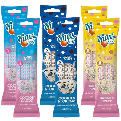 Dippin’ Dots Magically Flavored Milk Straws, Cotton Candy, Cookies 'n Cream, and Banana Split, 6-Pack Party Bundle (30 Count) | Fun Magic Straws