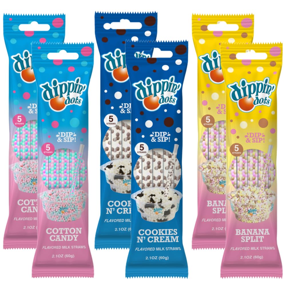 Dippin’ Dots Magically Flavored Milk Straws, Cotton Candy, Cookies 'n Cream, and Banana Split, 6-Pack Party Bundle (30 Count) | Fun Magic Straws
